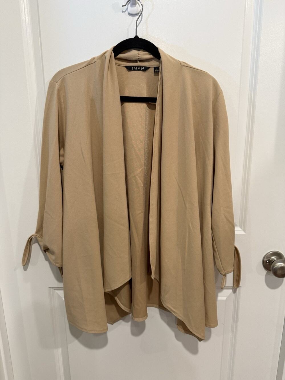 IMAN City Chic Tie Sleeve Open Cardigan Jacket Stretch Crepe Sz Large Buff Tan